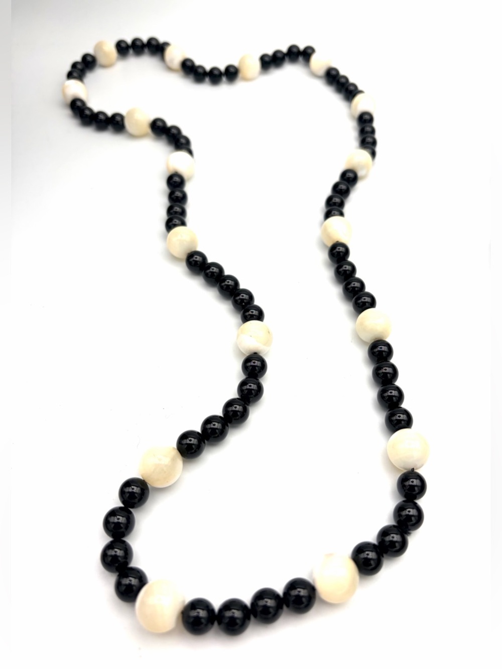 Vintage Black Onyx and White Mother of Pearl Bead Necklace - Mid Century Modern